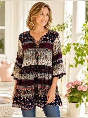 •NWT MOKINGTOP Boho Floral Paisley Peasant Top / Lace-Up Cotton Blend | Small